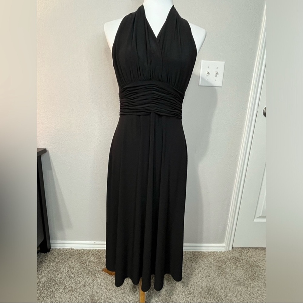 Black ruched sleeveless halter dress